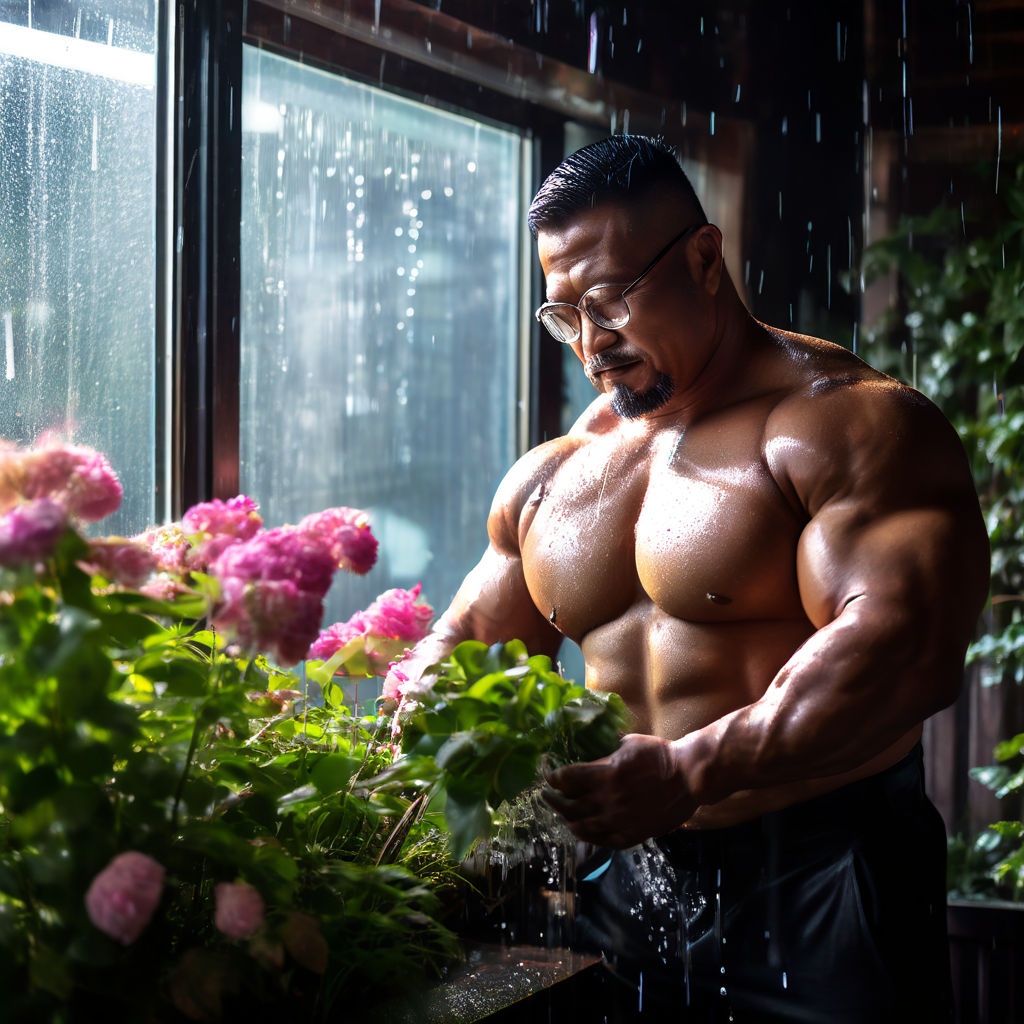 huge bodybuilder girl. in her Japanese room. with glasses and makeup.  beautiful and sweet smile. huge masculine pectorals. shiny