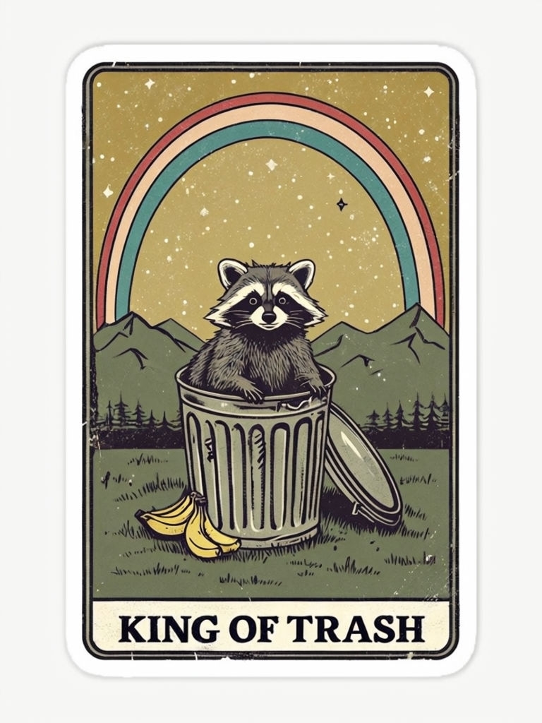 Playful Vintage Raccoon in Trash Can with Rainbow Sticker