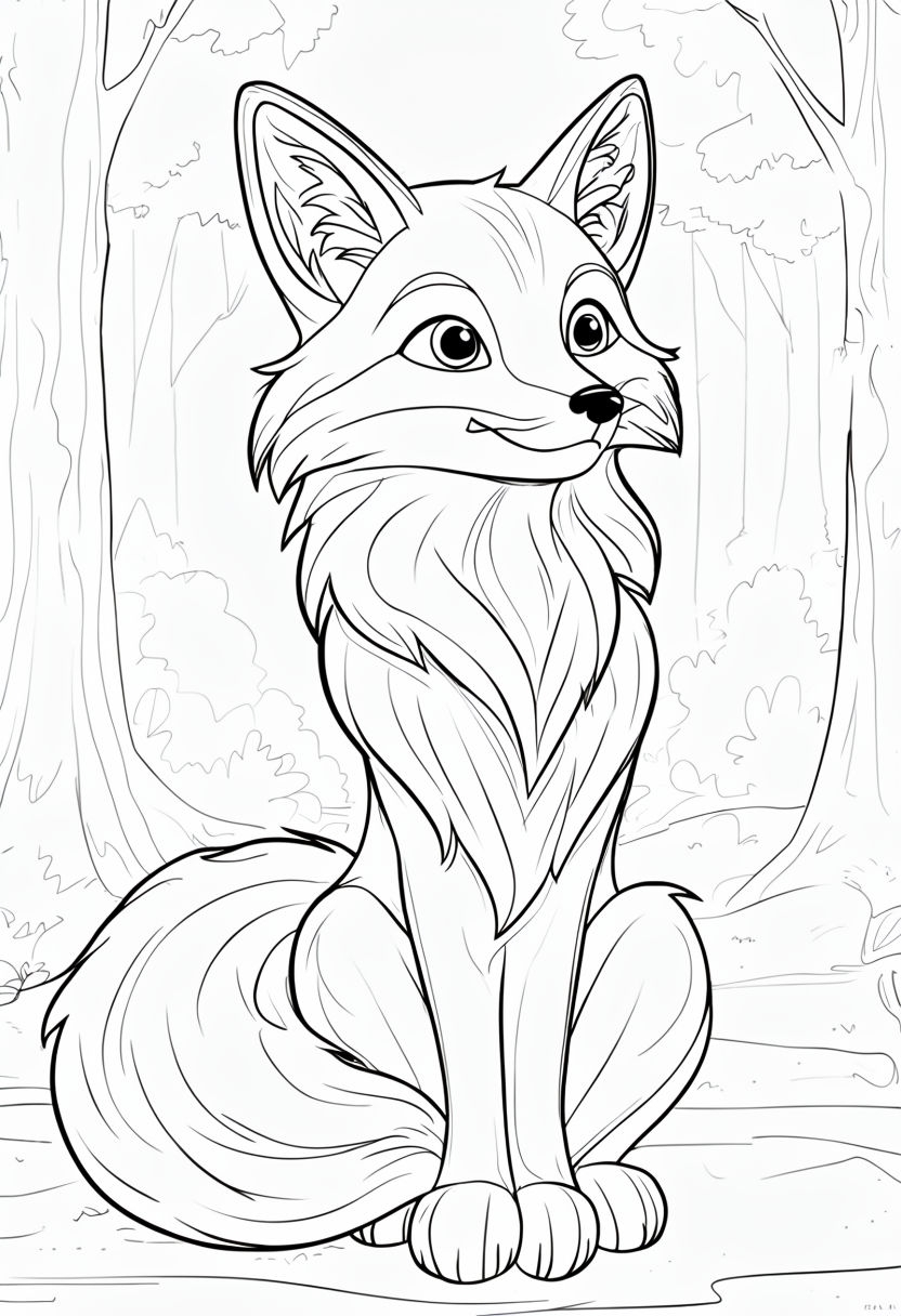 Charming Fox Coloring Page Design with Forest Background Coloring Book Pages