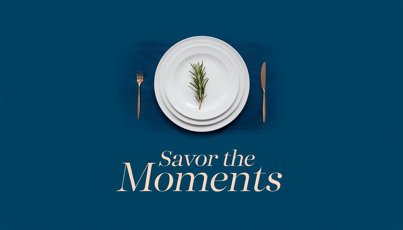 Elegant Thanksgiving Table Setting Graphic with 'Savor the Moments' Text Poster