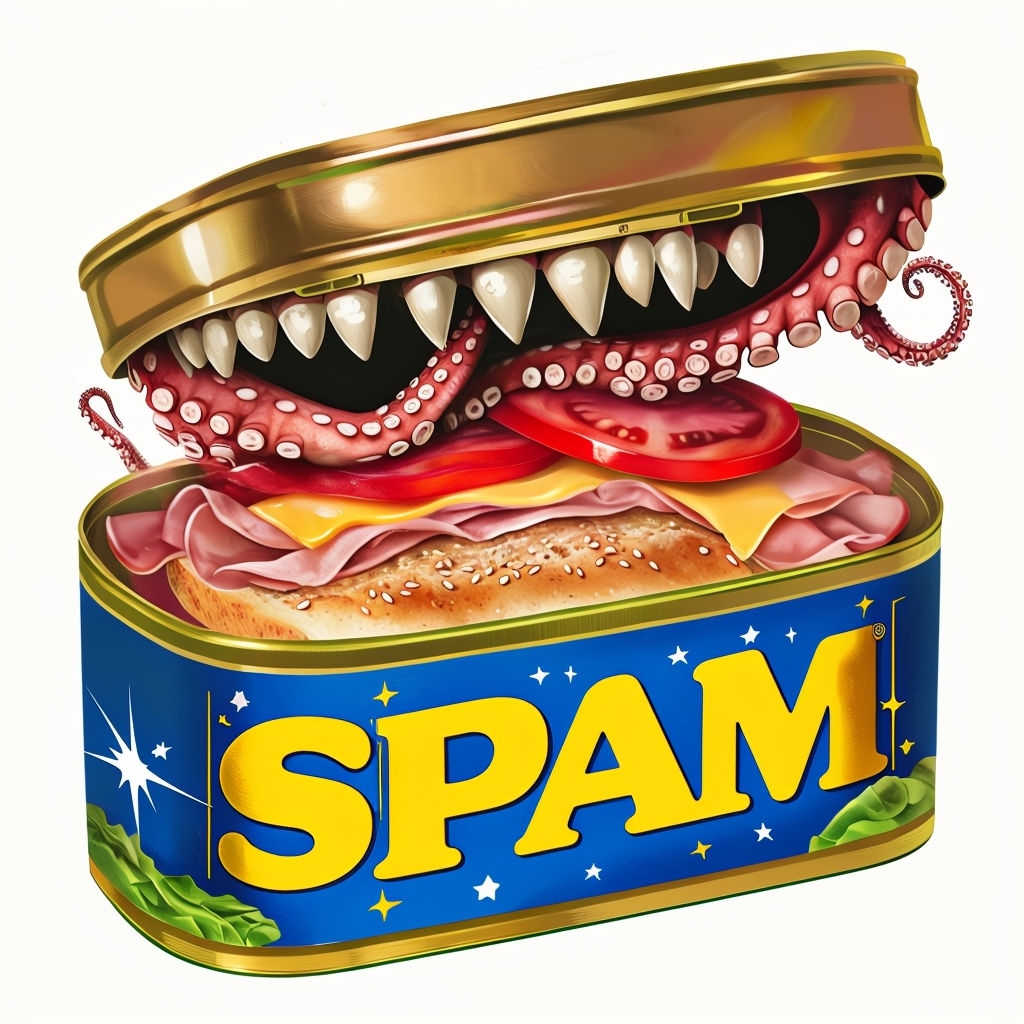 Surreal SPAM Can Illustration with Tentacles and Whimsical Design Sticker