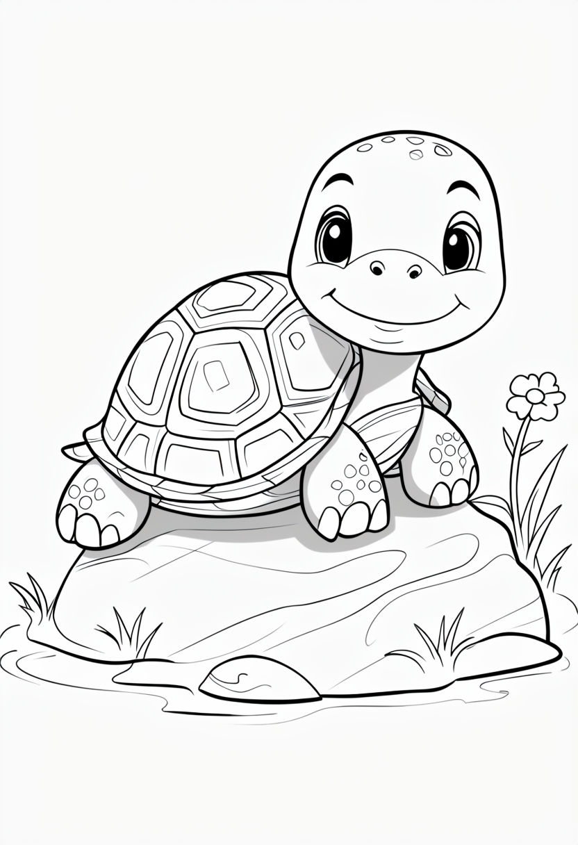 Happy Turtle on a Rock Coloring Page for Relaxation and Fun Coloring Book Pages