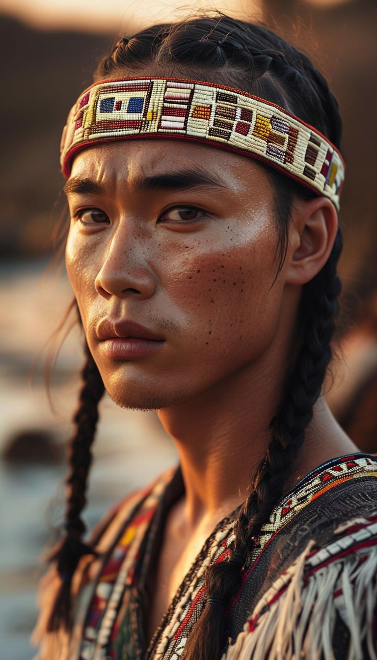 Intense Close-Up Portrait of a Young Man with Braided Hair and Beaded Headband Art