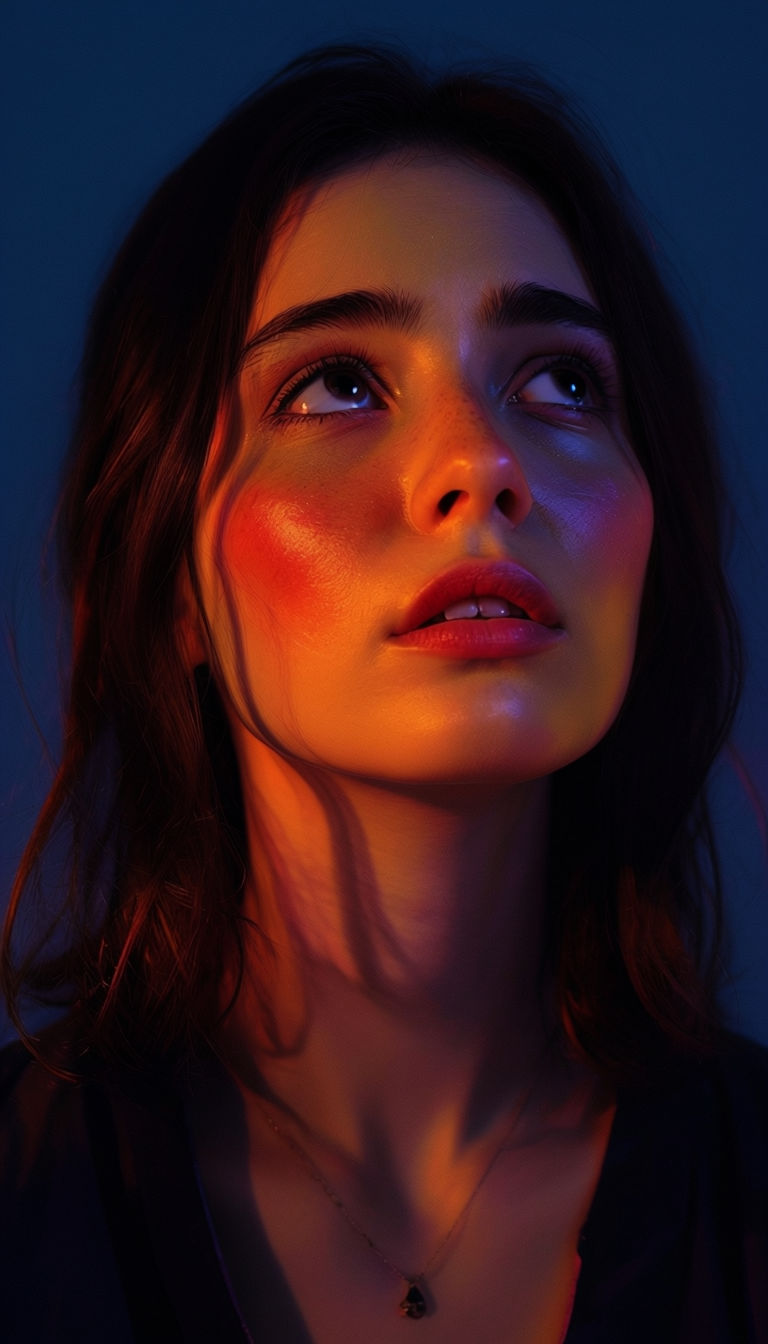 Dramatic Close-Up Portrait of a Young Woman with Colorful Lighting Art