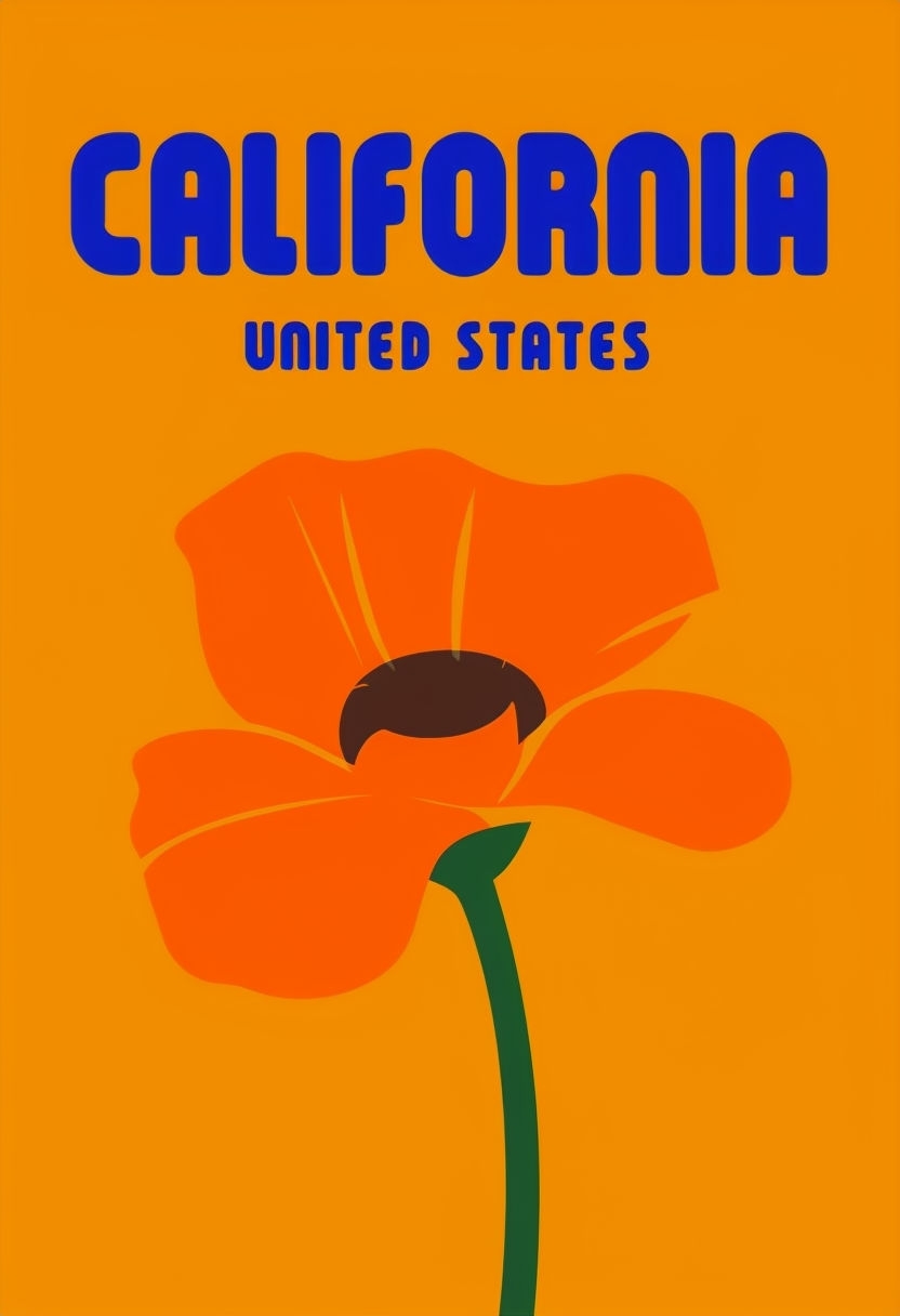 Vibrant California Sunset Poster with Bold Typography and Poppy