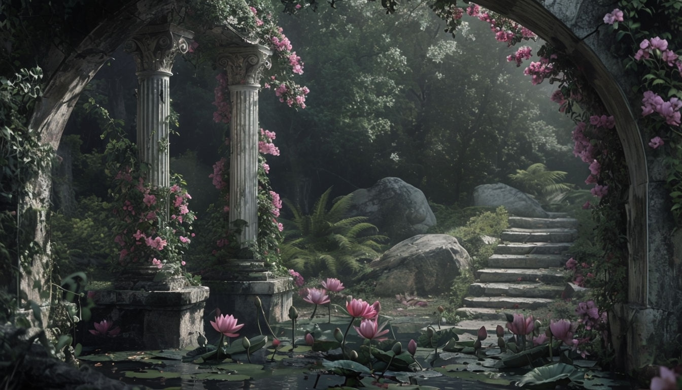 Enchanting Ancient Stone Archway Garden Virtual Backgrounds