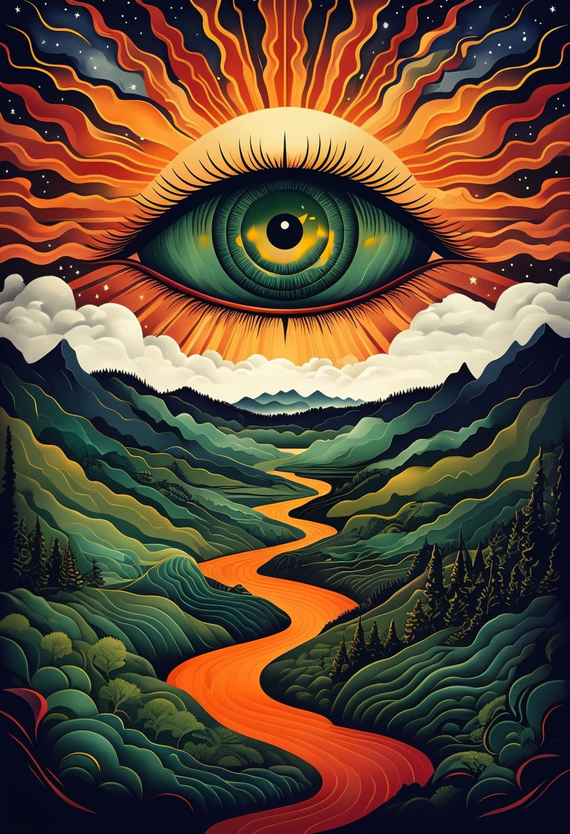 Surrealistic Eye Over Mystical Landscape Illustration Art