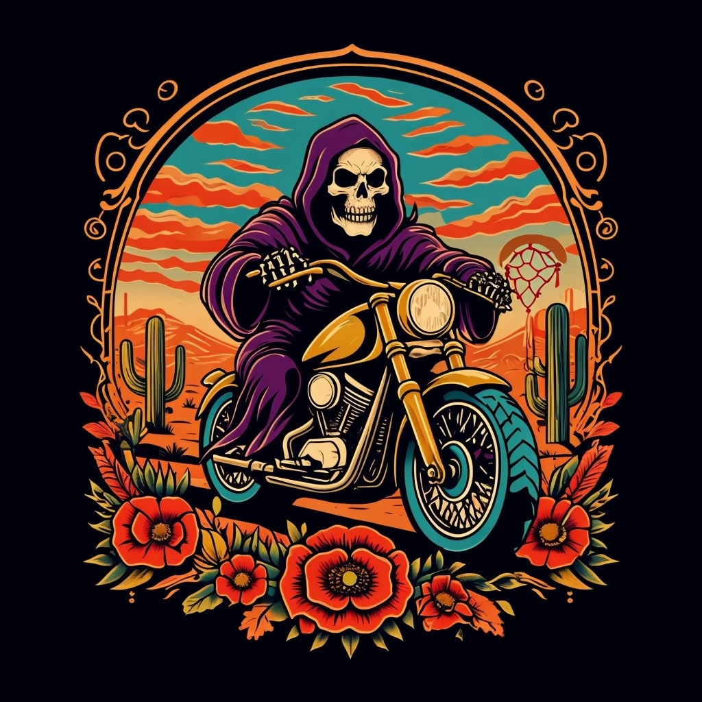 Vibrant Death Riding Motorcycle Tattoo Art T-Shirt