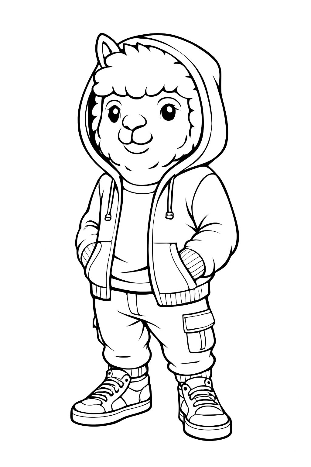 Cool Cartoon Alpaca Character Line Drawing for Coloring Book Pages