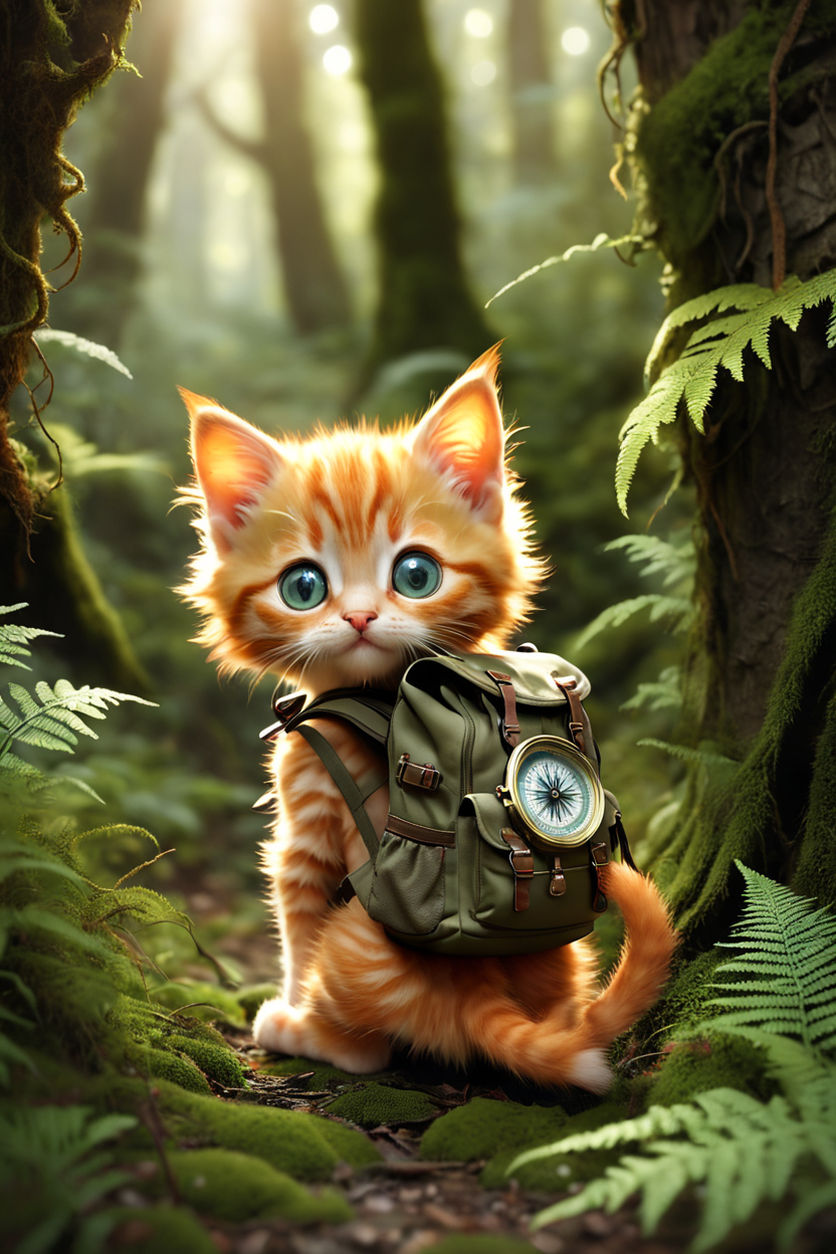 lonely cat with the backpack in the seckwoian forest mountains digital art Playground