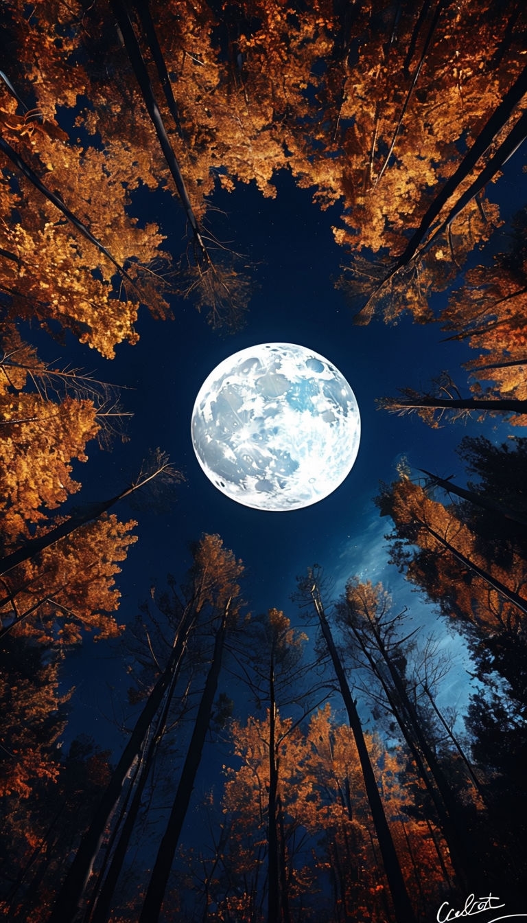 Serene Forest Canopy with Illuminated Full Moon Mobile Wallpaper