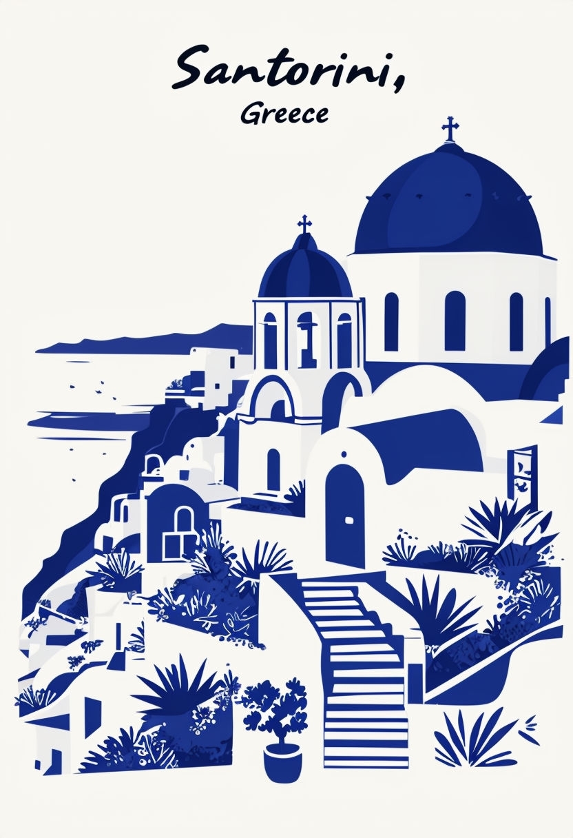 Minimalist Line Drawing of Scenic Santorini Greece Poster