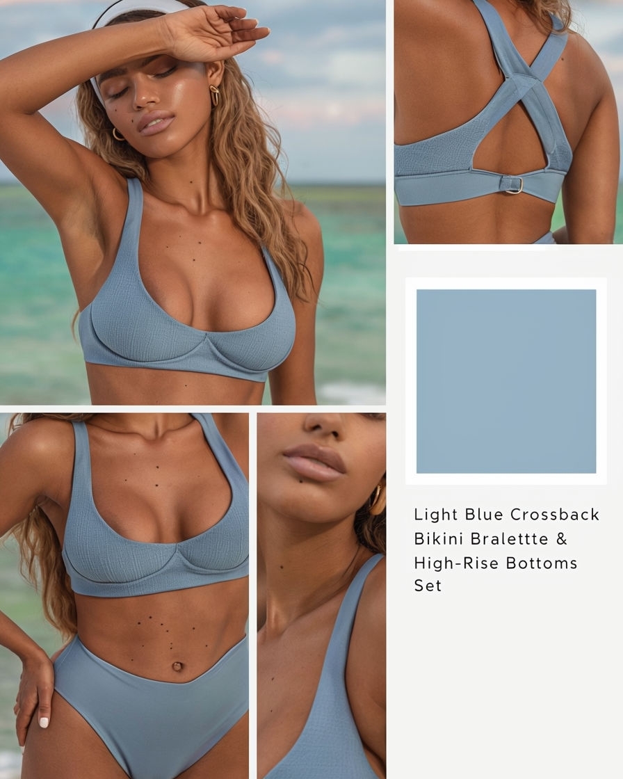 Light Blue Crossback Bikini Bralette & High-Rise Bottoms Set Ad