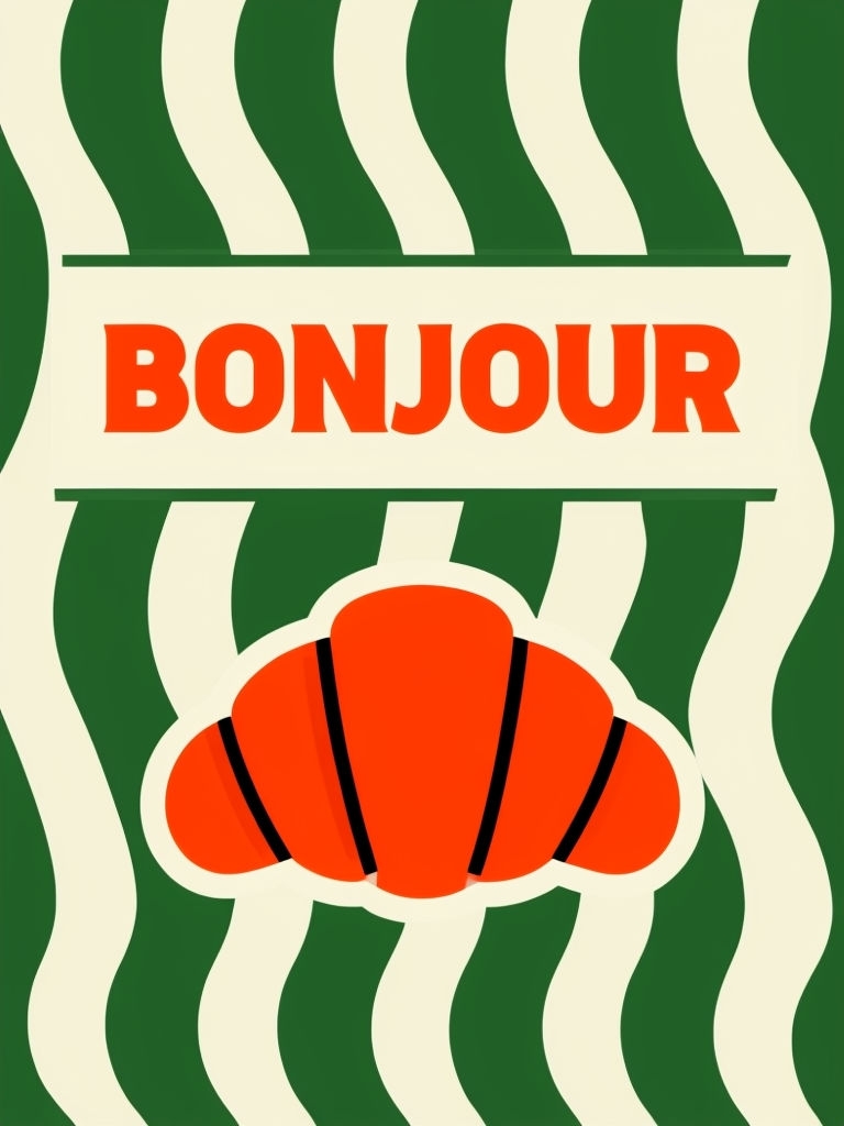 Cheerful Bonjour Text with Croissant Illustration Poster