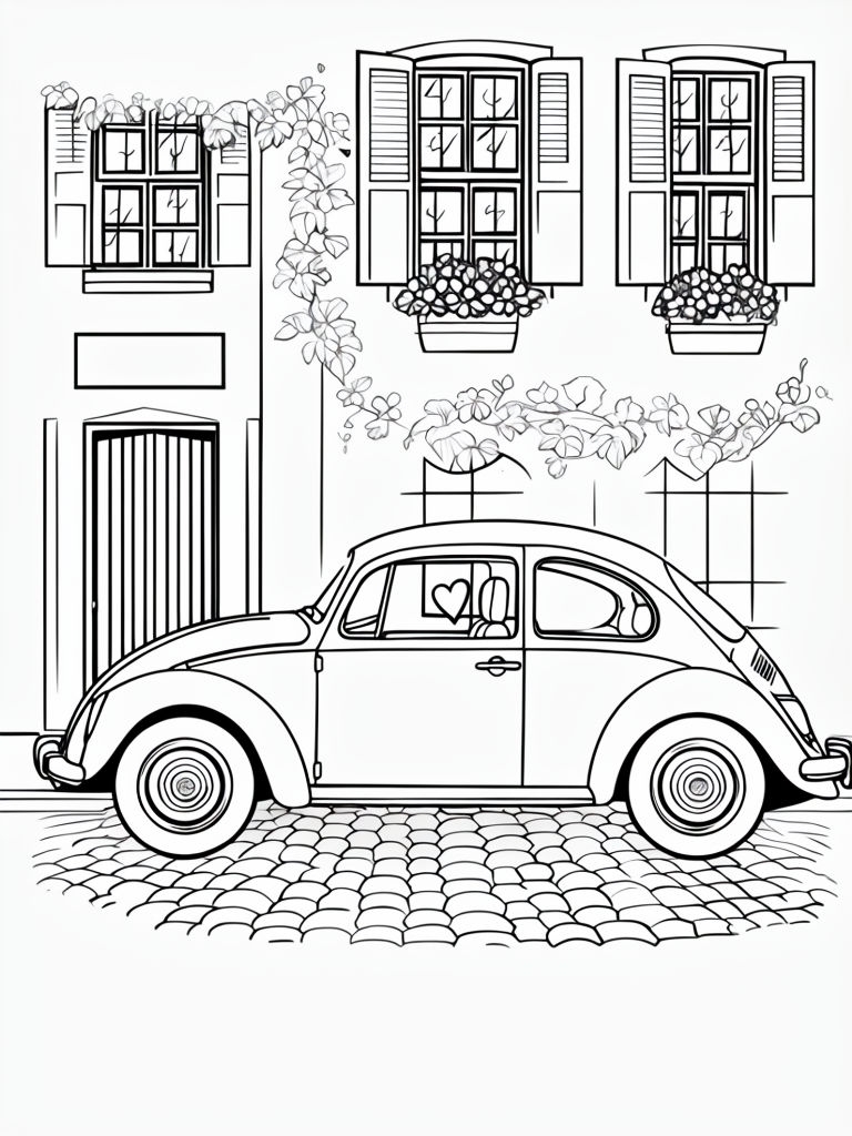 Vintage Volkswagen Beetle Car on Cobblestone Street Coloring Page