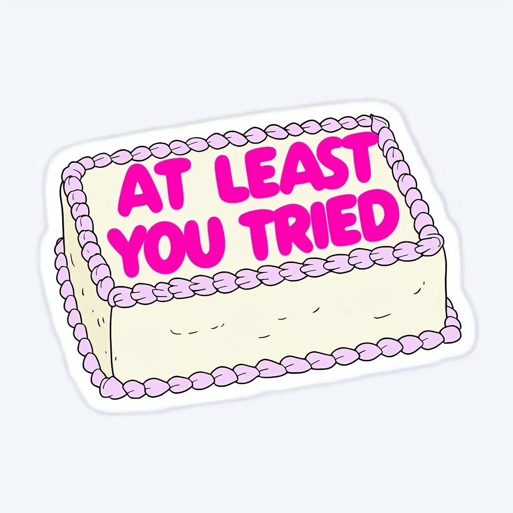 Playful Cartoon Cake Sticker with AT LEAST YOU TRIED Text