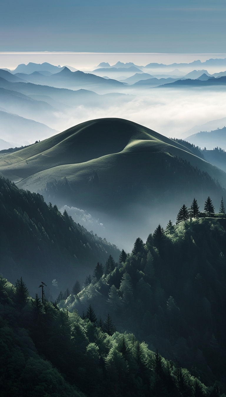 Tranquil Rolling Hills and Misty Mountains Landscape Mobile Wallpaper