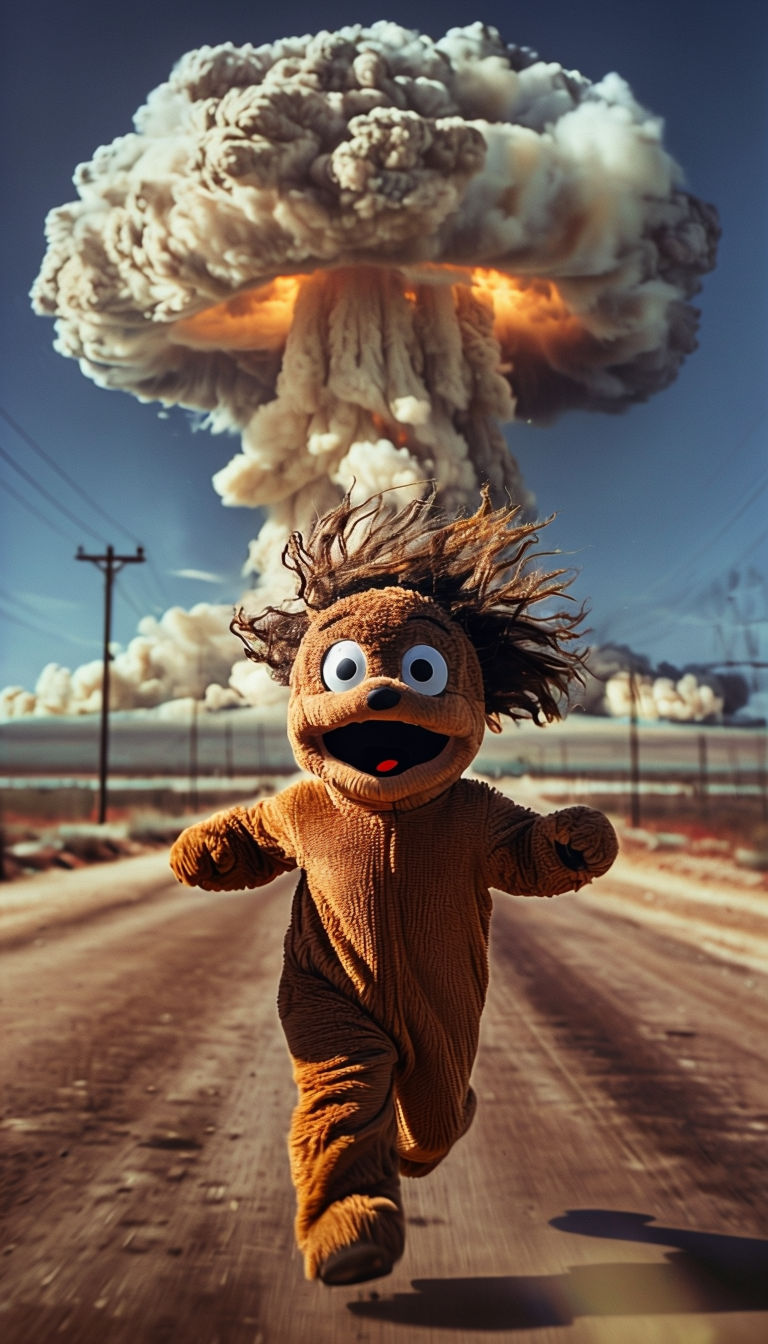 Surreal Child Mascot Running towards Nuclear Explosion Poster