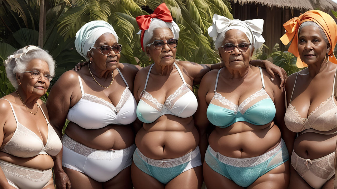 four happy fat 60 year old grannies in satin floral print lace bras and  bikini panties