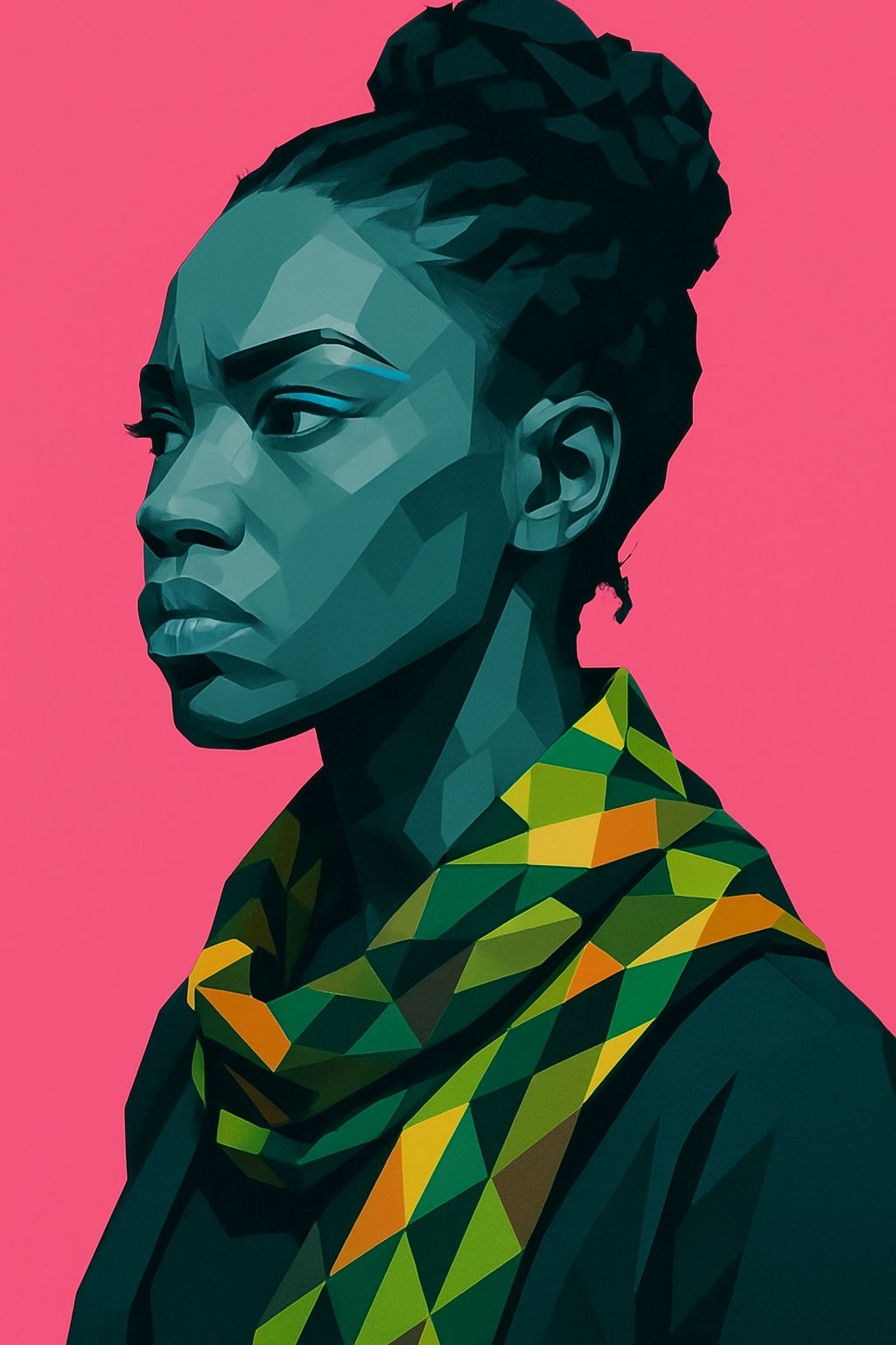 Geometric Portrait of a Young Woman Against Vibrant Pink Background Art