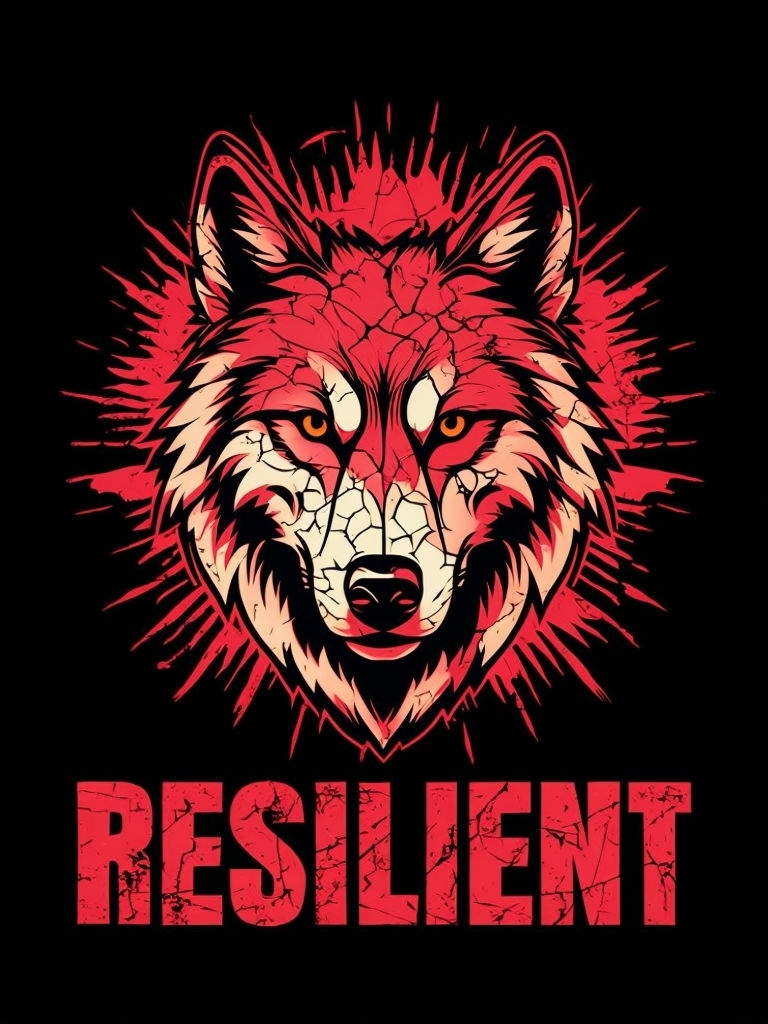 Stylized Wolf Head with RESILIENT Text Graphic T-Shirt