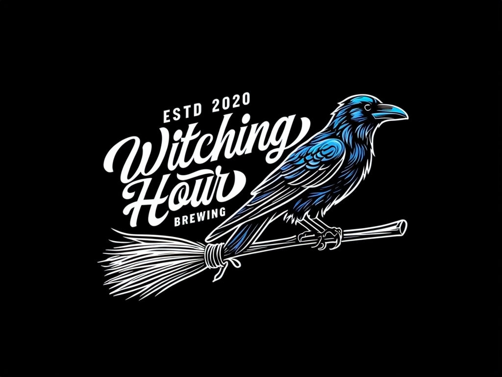 Mystical Raven and Broomstick Logo Design for Witching Hour Brewing Logo