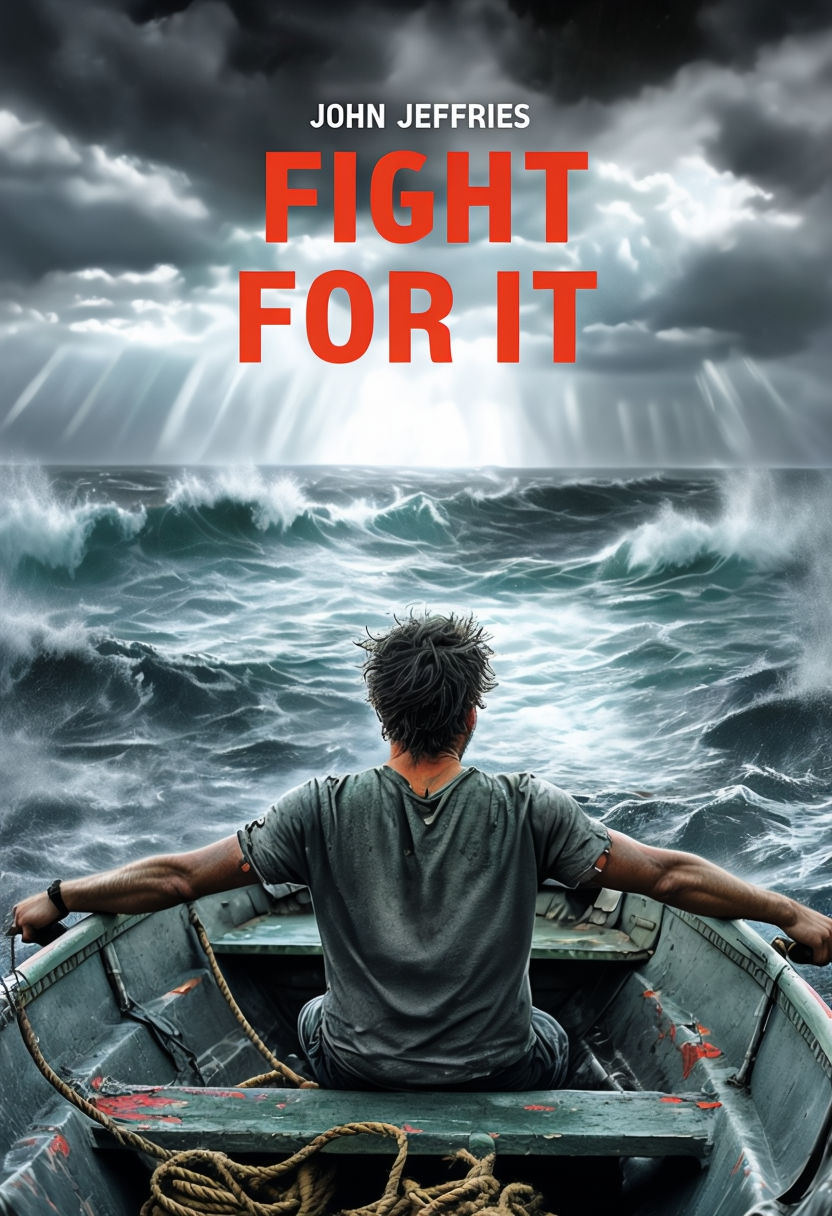 Dramatic 'Fight For It' Book Cover Featuring Stormy Waters and Resilient Man EBook Cover