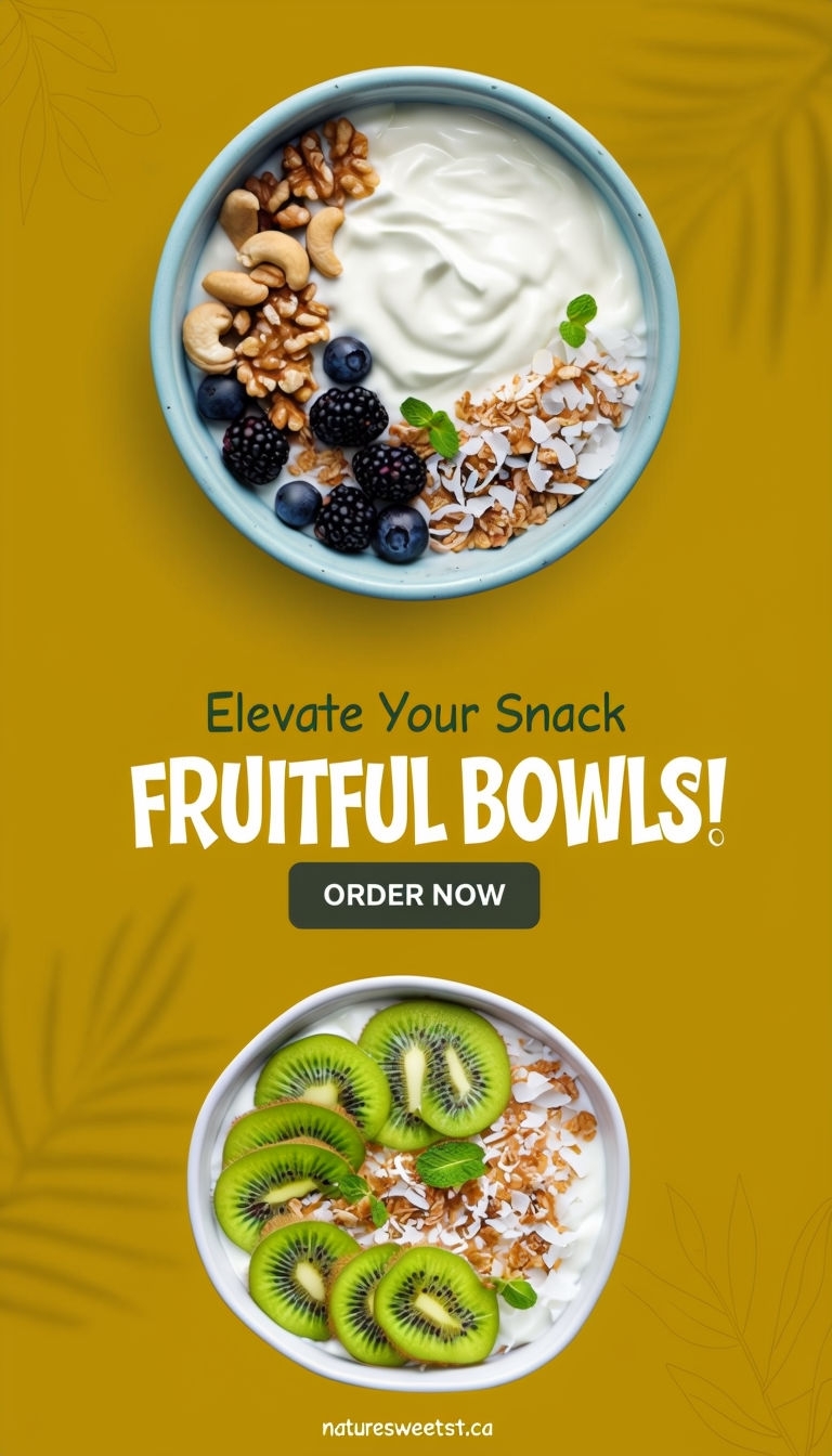 Vibrant Fruitful Bowls Snack Advertisement Design for Order Now Ads