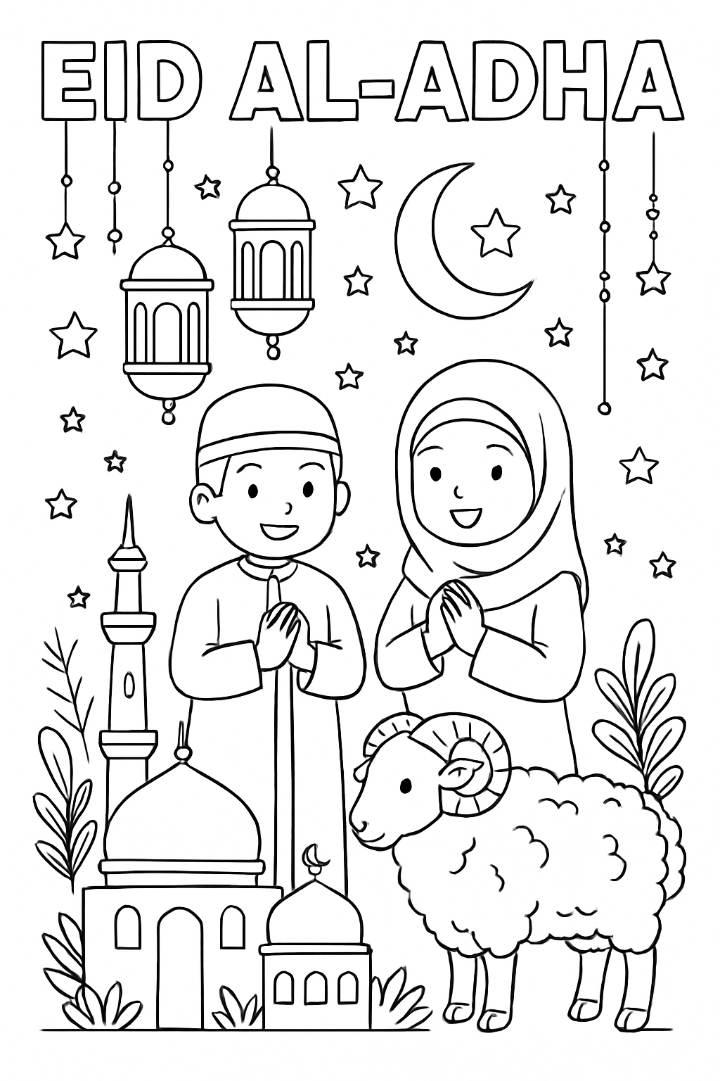 Eid al-Adha Celebration Coloring Page with Children and Lanterns Coloring Book Pages