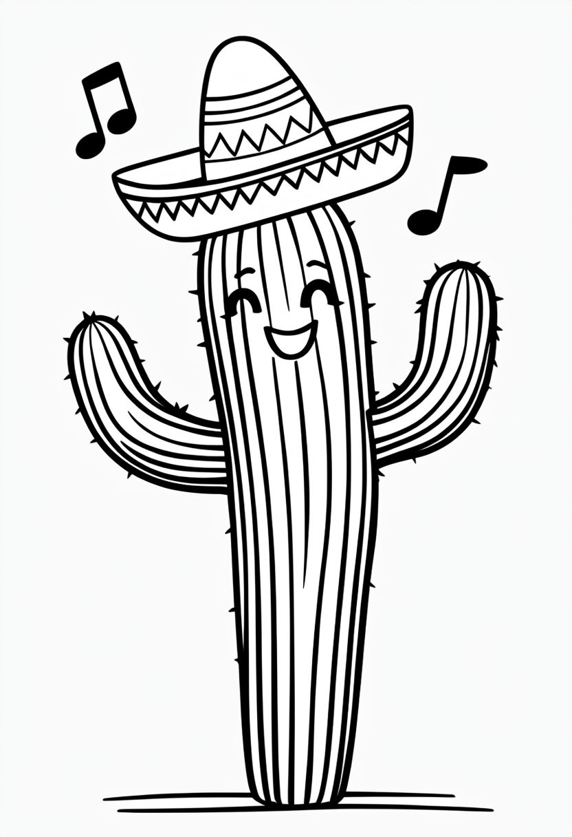 Joyful Dancing Cactus Character Line Drawing for Coloring Book Pages