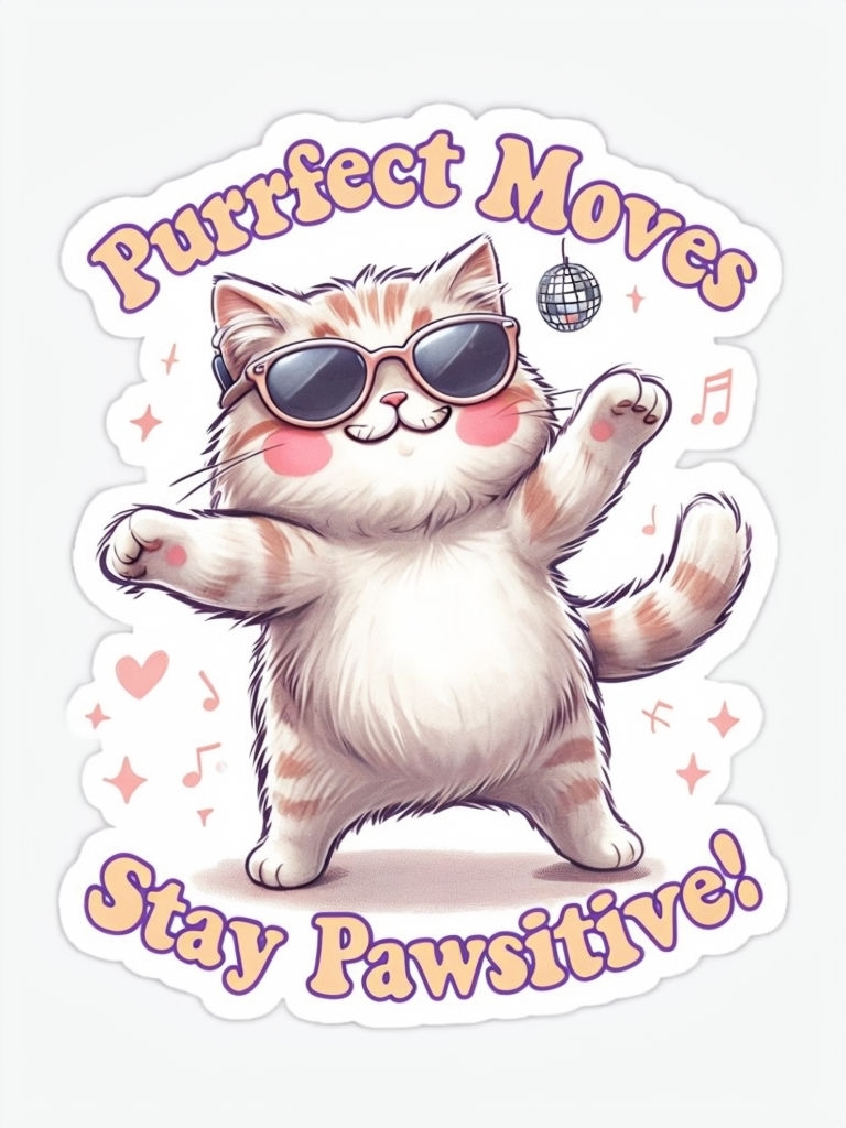 Fluffy Dancing Cat Sticker with Cheeky Grin and Fun Elements