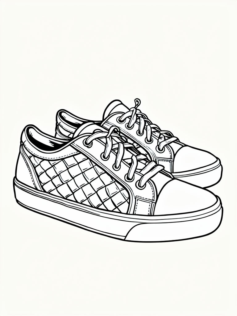 Stylish Black and White Sneakers Line Drawing for Coloring Book Pages