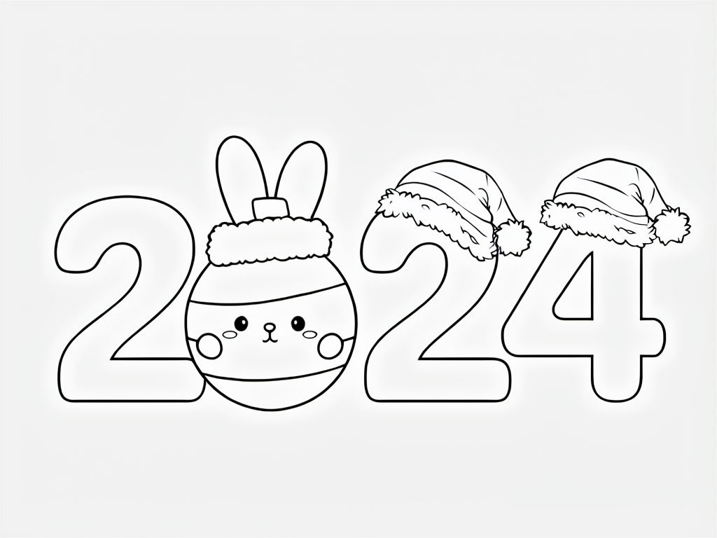 Playful 2024 Year Illustration with Cute Bunny and Santa Hats Coloring Book Pages