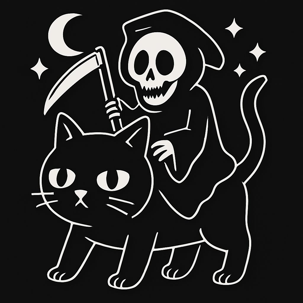 Whimsical Grim Reaper Riding Black Cat Cartoon T-Shirt