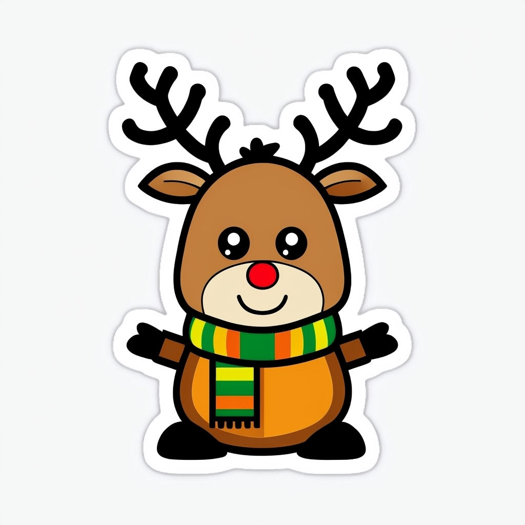 Cheerful Cartoon Reindeer with Red Nose and Striped Scarf Sticker