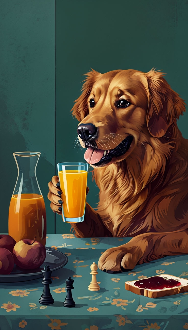 Cozy Golden Retriever with Juice in Whimsical Scene Art