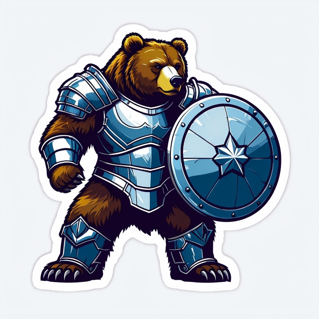 Mighty Brown Bear in Blue Silver Armor with Shield Sticker