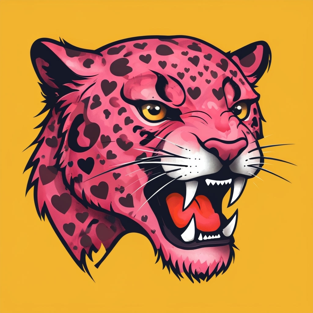 Vibrant Cartoon Pink Jaguar Head with Heart Spots T-Shirt