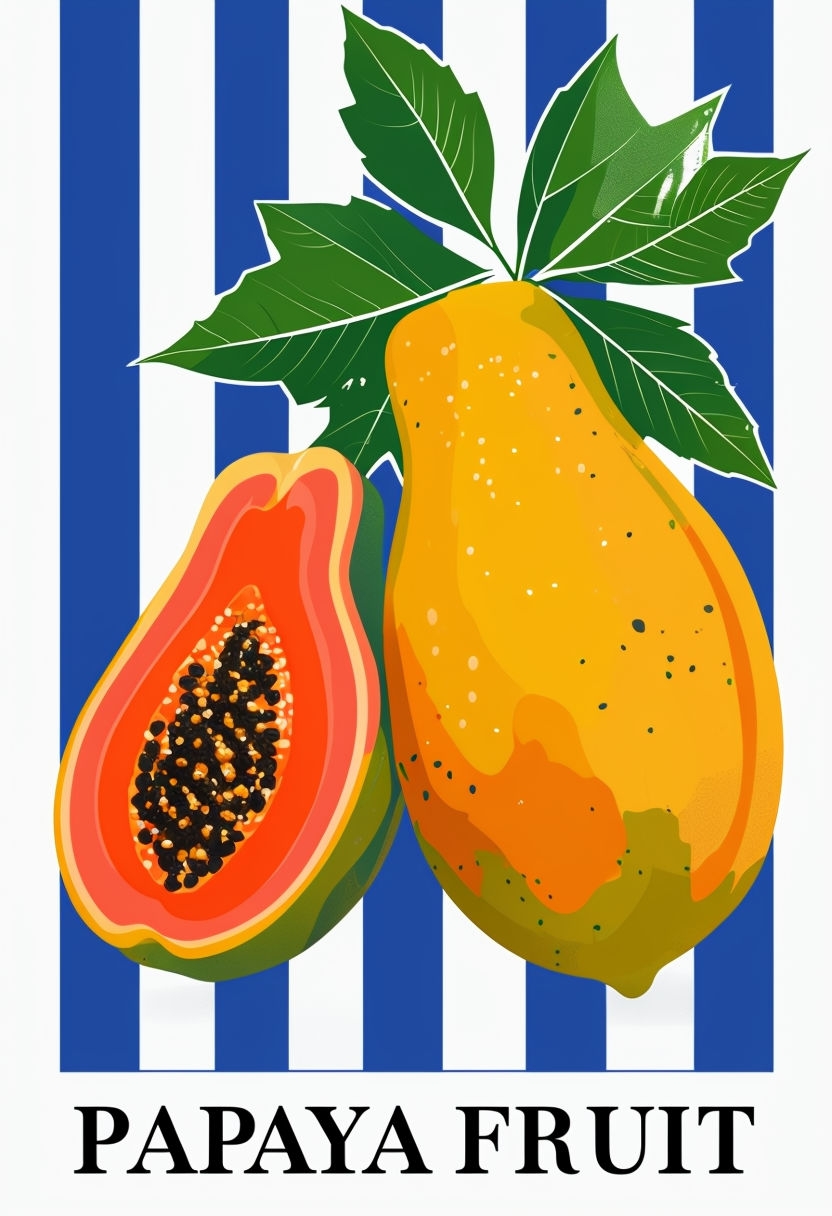 Vibrant Papaya Fruits Illustration with Blue and White Stripes Poster