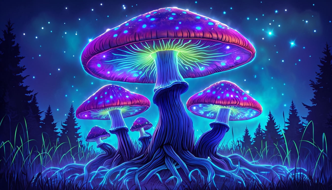 Psychedelic Neon Mushrooms Fantasy Art Night Sky Virtual Background