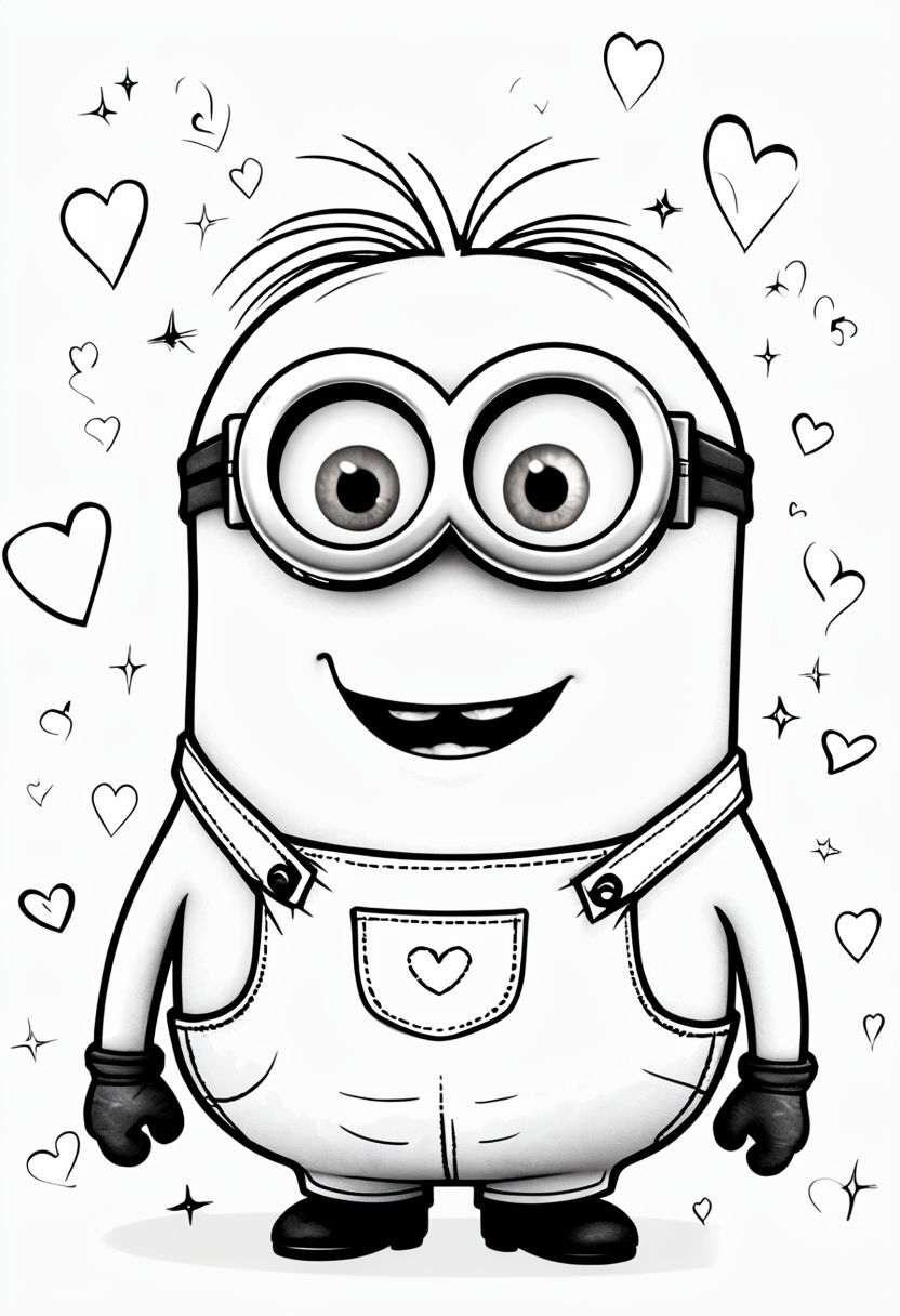 Cheerful Minion Coloring Page with Hearts for Kids Coloring Book Page