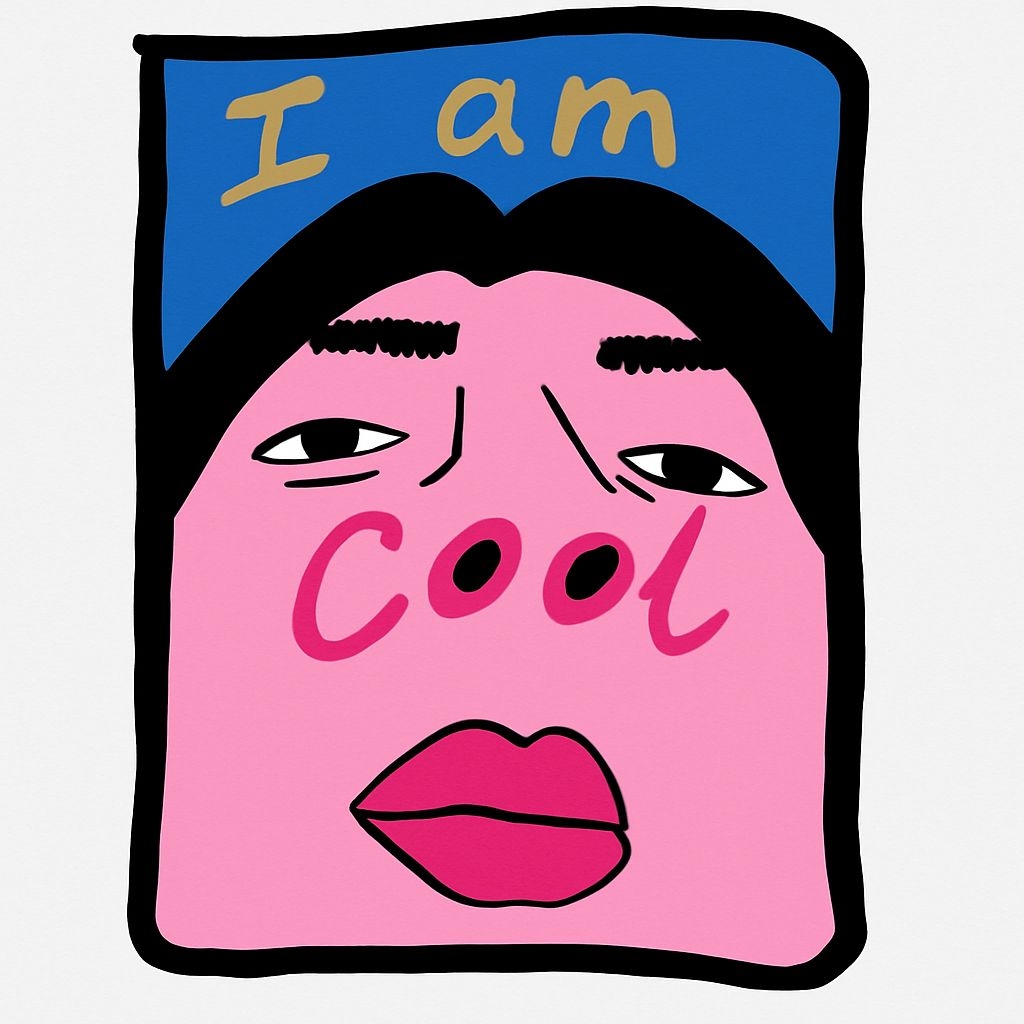 Vibrant Cartoon Cool Face Illustration with Playful Text Sticker