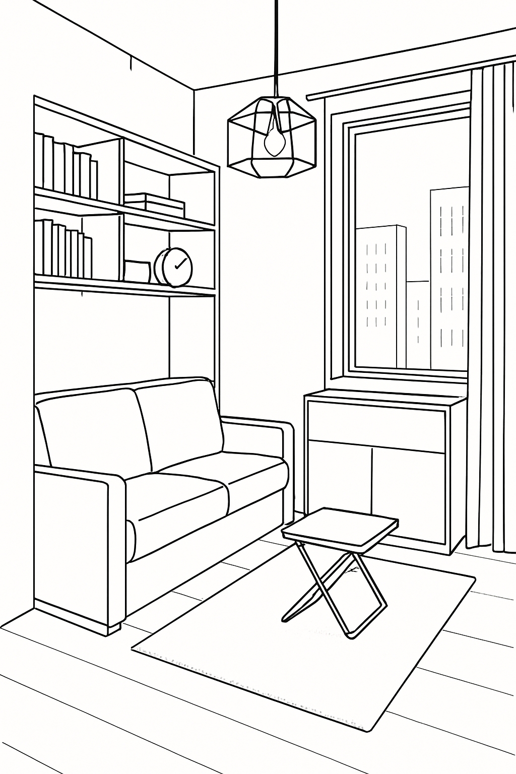 Minimalist Line Drawing of a Modern Urban Living Room Coloring Book Pages