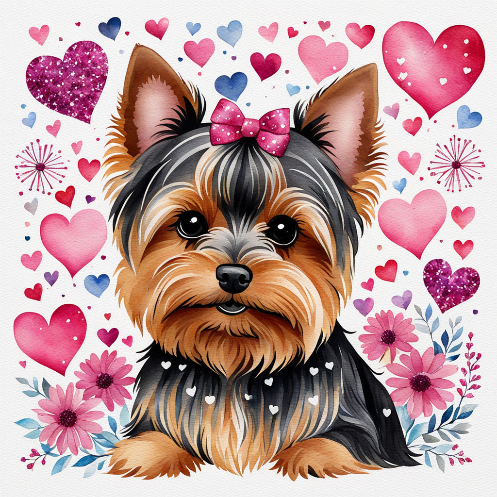 watercolor yorkie with glitter flowers and hearts