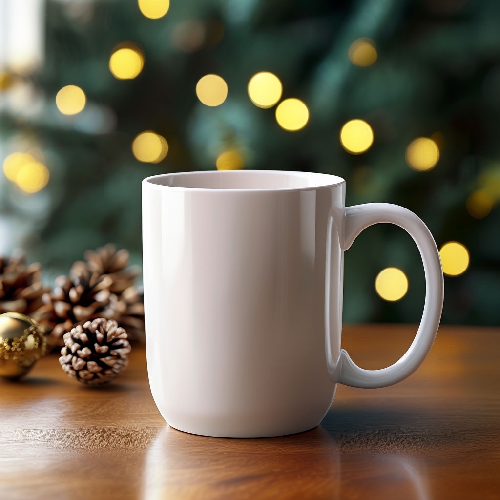 Cozy White Ceramic Mug with Festive Bokeh Background Mockup