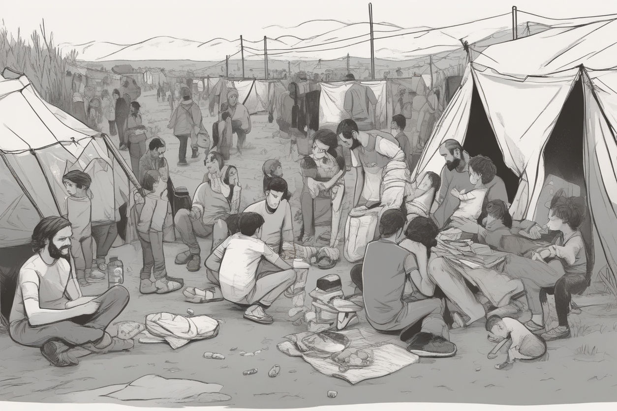 Una imagen conmovedora que captura el lado humanitario. Escena en un campamento de refugiados, agrupadas y buscando refugio en tiendas improvisadas