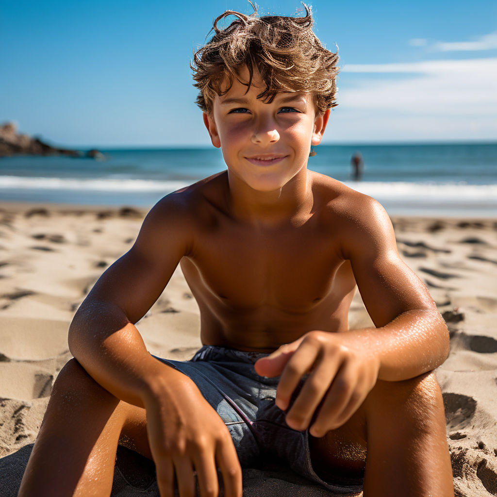 A boy in a bathing suit lies on the beach