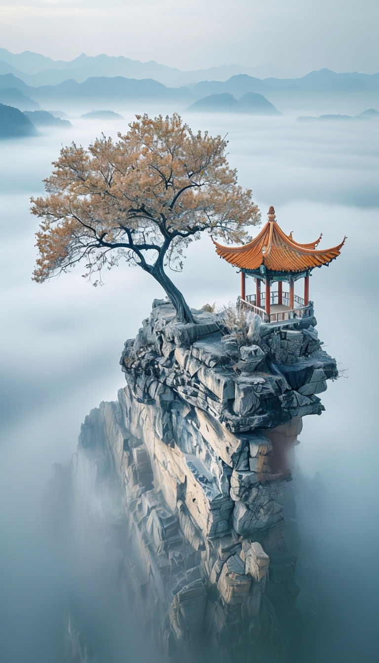 Serene Landscape with Pagoda and Tree in Misty Atmosphere Mobile Wallpaper