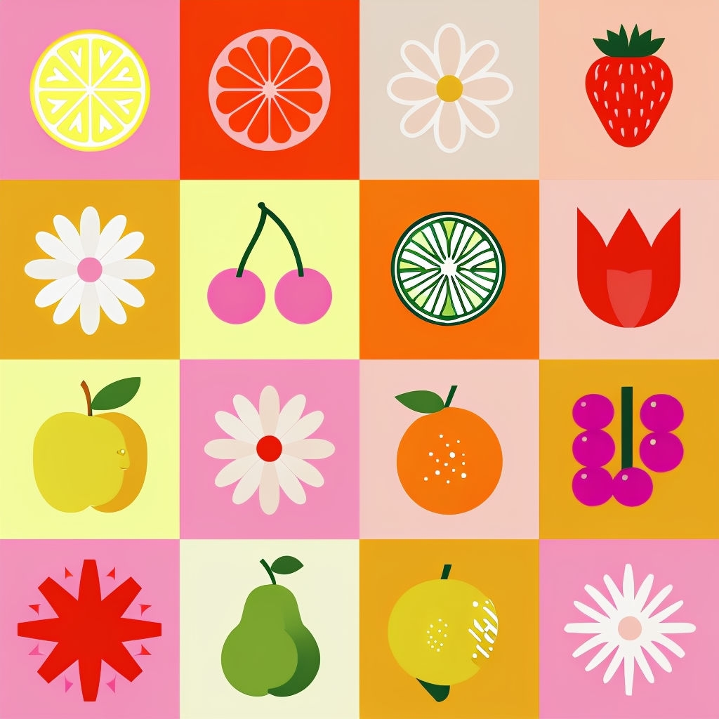 Vibrant Symmetrical Fruit and Flower Pattern Design Seamless Pattern