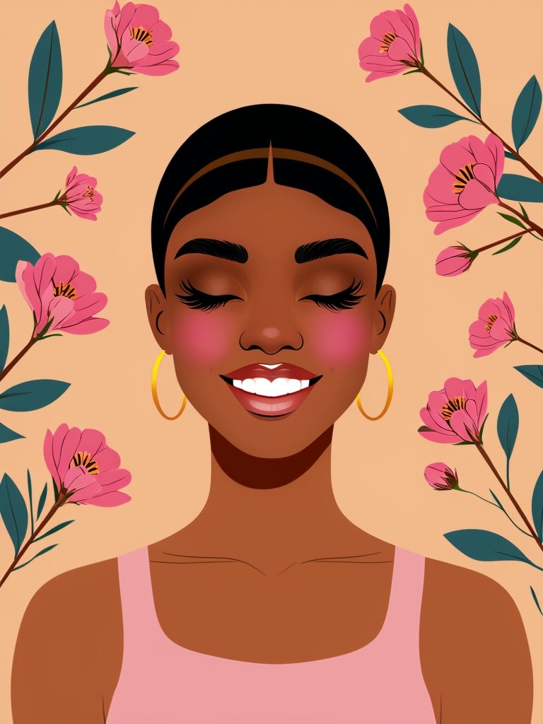 Joyful Woman with Flowers Digital Illustration Art